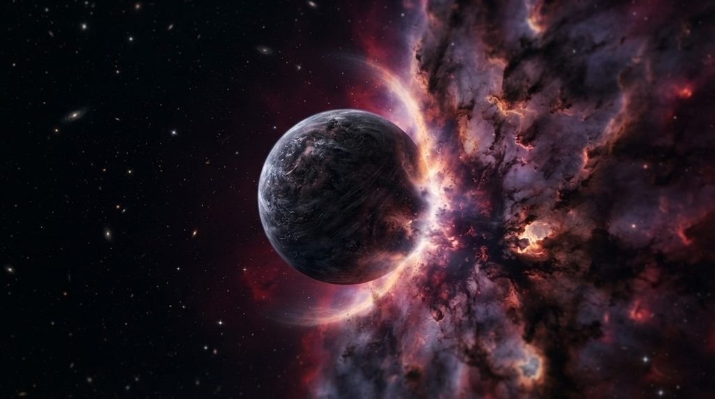 A realistic deep-field space photograph of a massive rogue planet triggering star formation inside a dense interstellar molecular cloud.