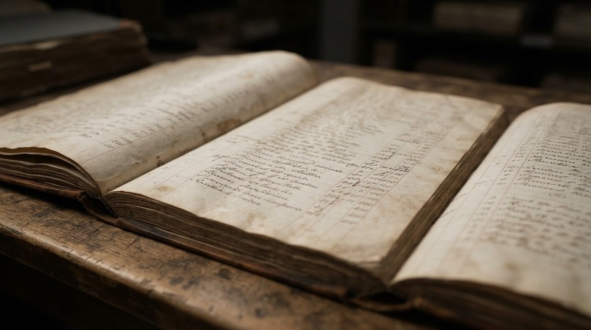 A macro high-contrast science photograph of an authentic historical London mortality logbook tracking epidemic patterns