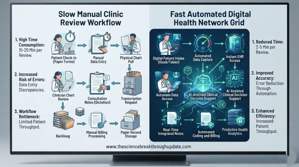 Statistical data infographic showing a 40 percent reduction in clinic wait lists using automated glaucoma screening software