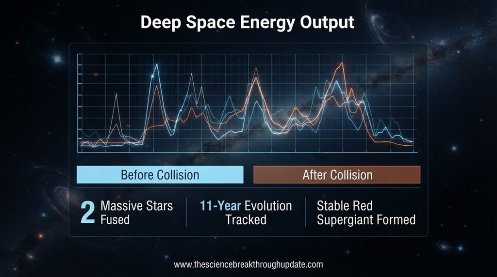 Detailed statistical line plot infographic tracking the long-term energy output fluctuations and structural evolution metrics of a stable red supergiant stellar merger.