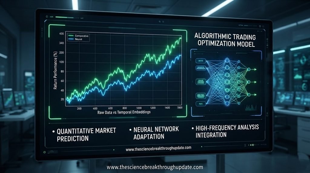 Tech dashboard infographic displaying algorithmic accuracy and data processing metrics of the hybrid stock prediction framework