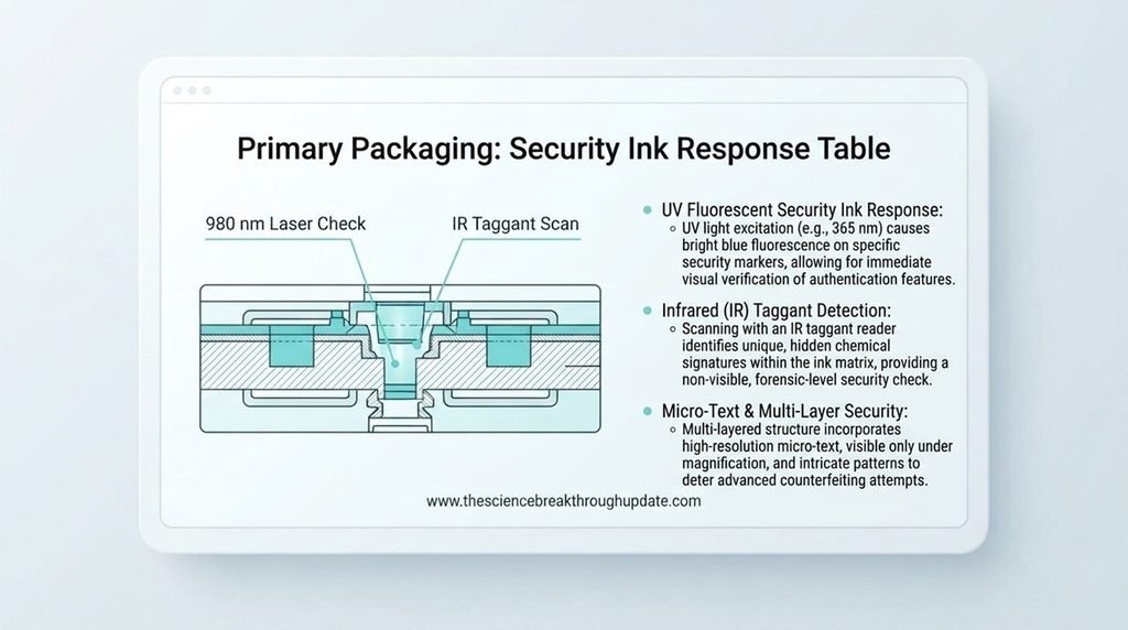 Detailed technical specification schematic diagram mapping out the dual-response invisible ink authentication layers under laser light and IR scanners.