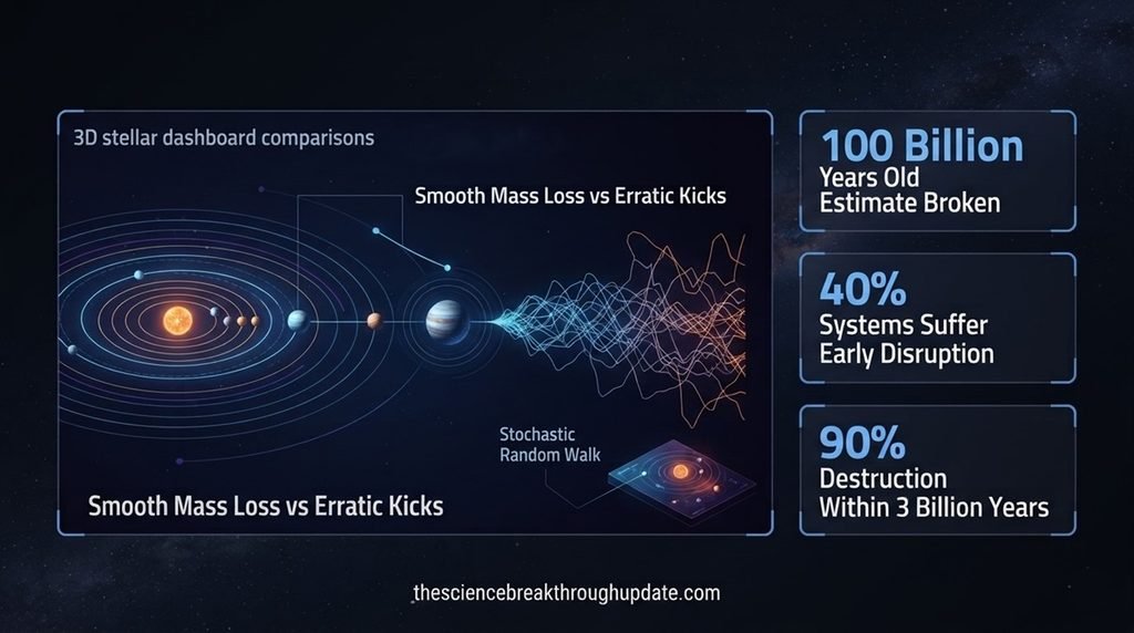 Line plot infographic comparing stable orbits with chaotic solar system collapse data