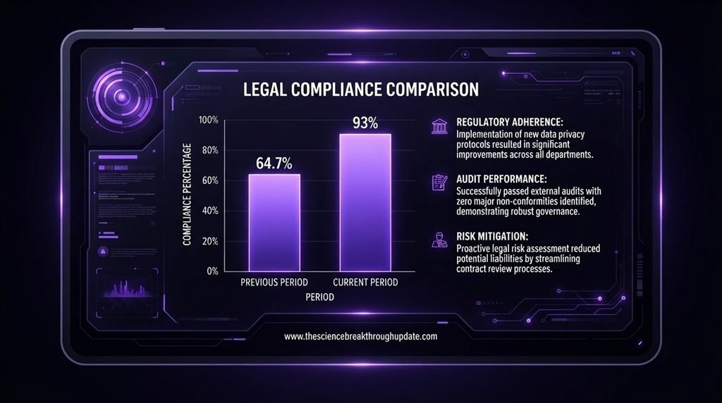 Detailed bar graph showing AI robots laws compliance increasing from 64.7 percent to 93 percent under new world-model-based legal reasoning trials.