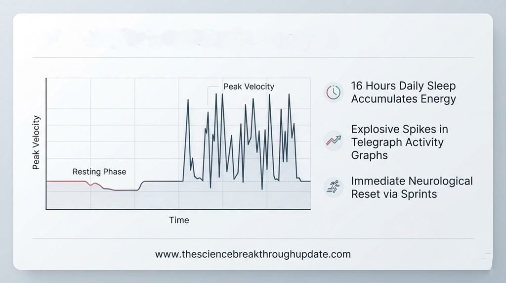 Line graph infographic plotting domestic cat velocity changes during energy burst periods displaying mathematical telegraph process spikes.
