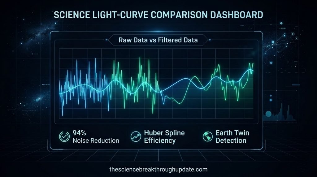 Statistical dashboard showing simulated PLATO mission starlight data cleaned with Huber spline filters to achieve 94 percent noise reduction