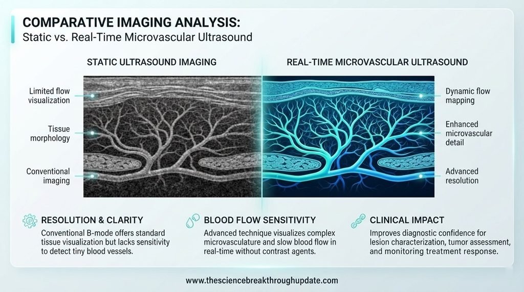 Technical spec comparison table showing 4D microvascular ultrasound resolution improvements over standard brain imaging methods.