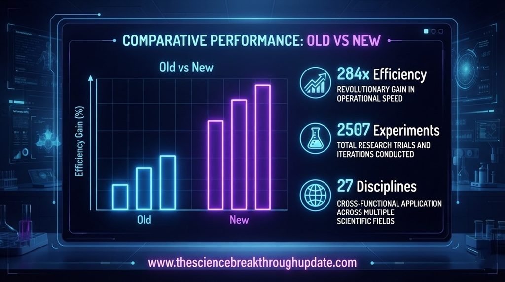 Digital data graph infographic illustrating a 284 times efficiency advantage of using AI in science across 2507 lab experiments.