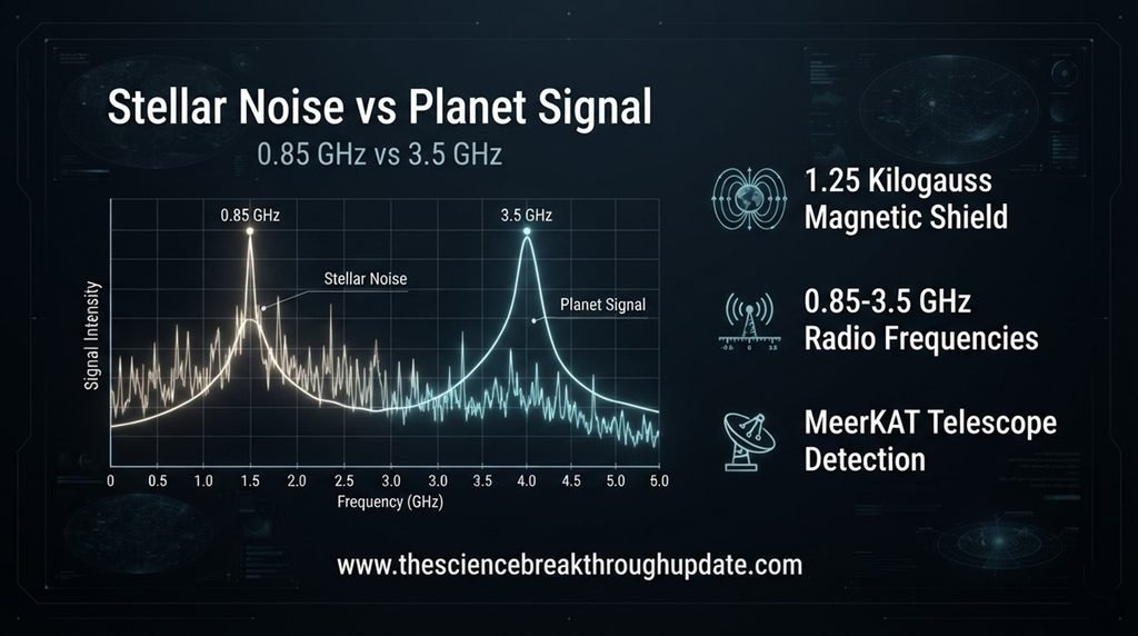 Technical dashboard infographic comparing stellar noise to the exoplanet radio signal with a 1.25 kilogauss metric marker