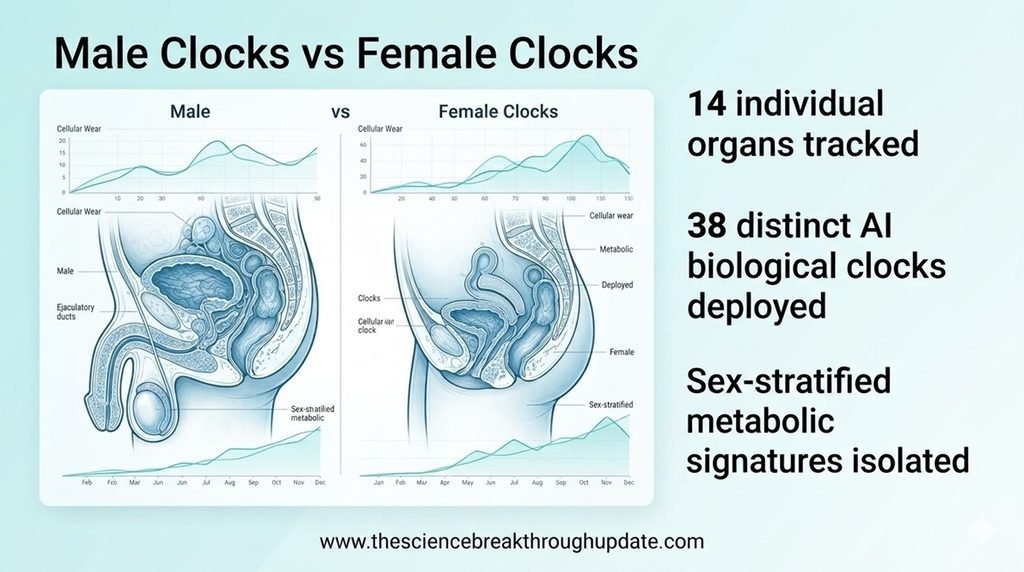 Detailed anatomical feature cross-section infographic comparing 38 AI aging clocks across 14 human organs for male and female biological timelines.