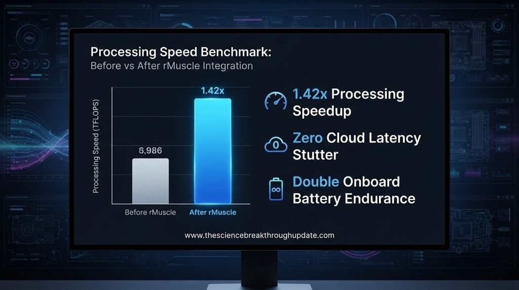 Tech dashboard infographic comparing humanoid processing performance with a 1.42 times speedup after implementing robotic muscle memory