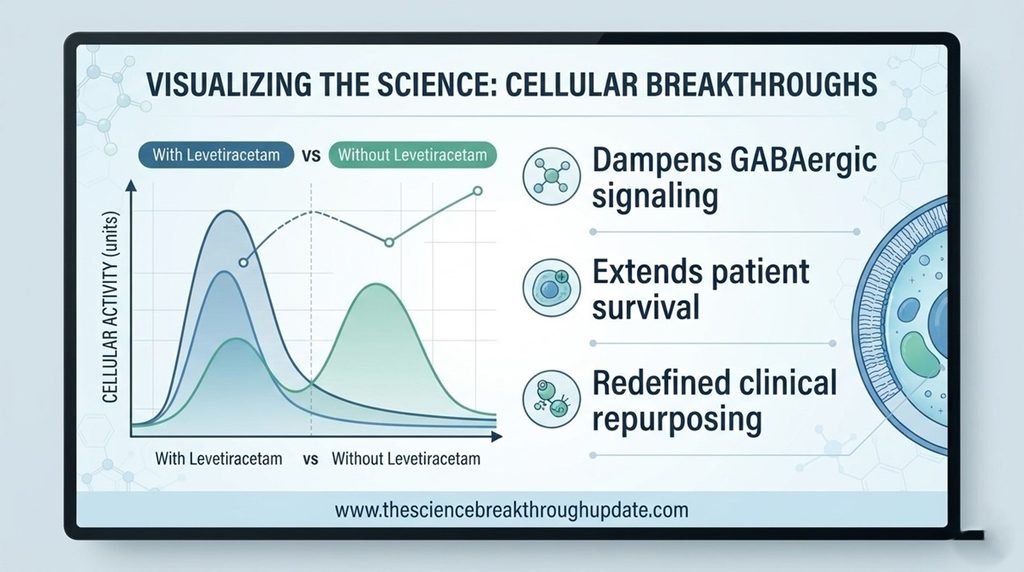 Detailed scientific infographic showing the comparative effect of levetiracetam on diffuse midline glioma cellular signaling pathways