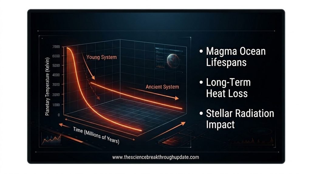 Technical science infographic graph plotting the thermal evolution and cooling rates of irradiated lava planets across system ages.