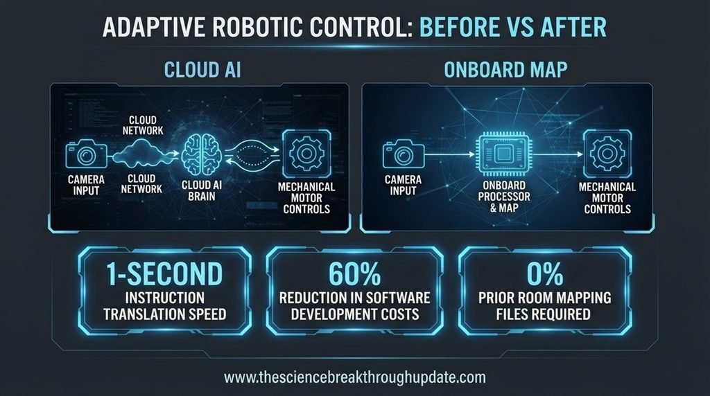  Technical blueprint infographic showing a 60 percent cost drop and a 1-second steering conversion speed using mapless zero-shot learning logic.