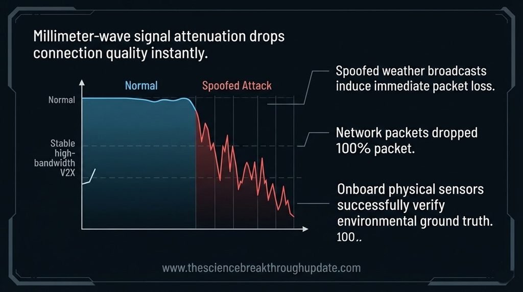 Data dashboard grid visualizing millimeter-wave signal attenuation and packet loss profiles under network spoofing attacks.