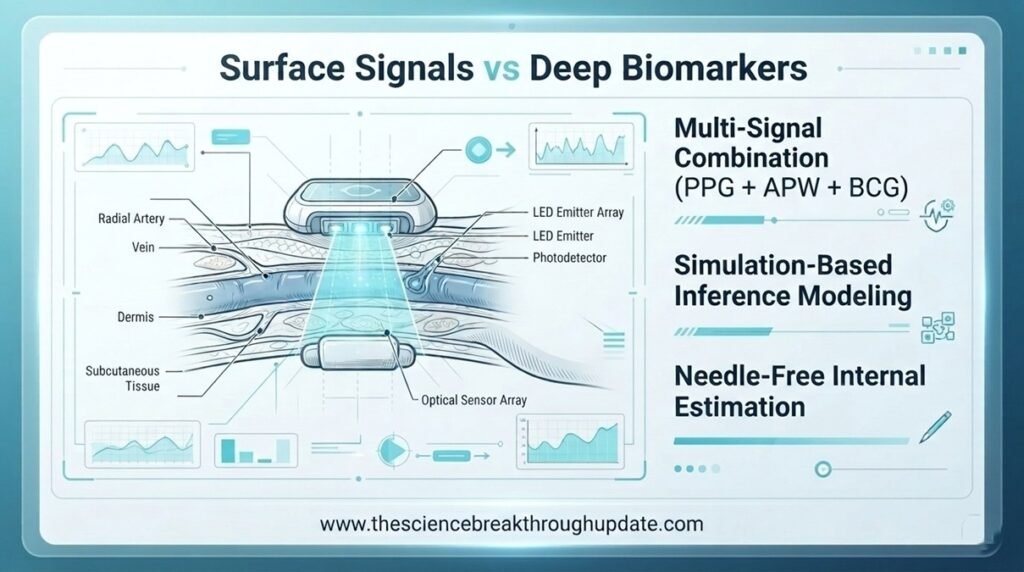 Technical blueprint infographic comparing wearable surface health signals with deep internal cardiac biomarkers