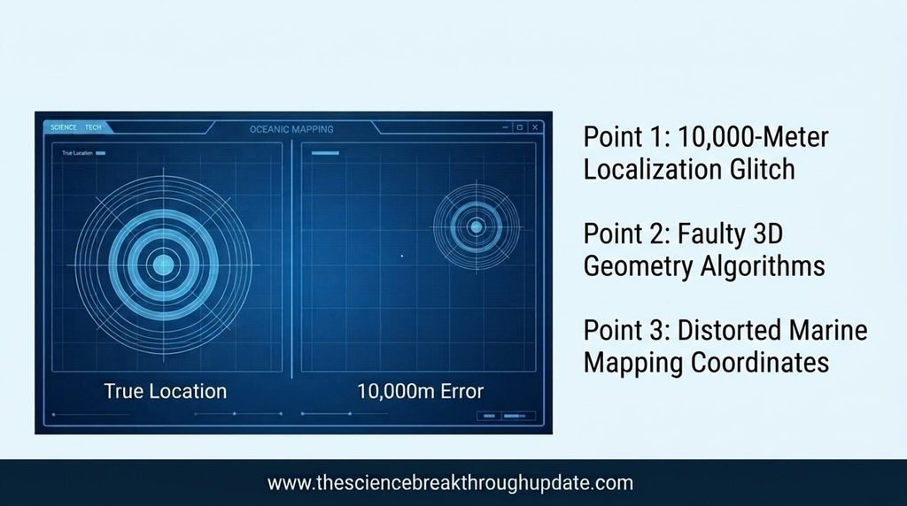 Technical blueprint infographic comparing true whale locations versus the ten-thousand-meter tracking errors caused by faulty 3D geometry algorithms.