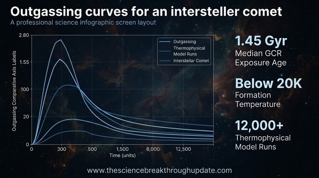 Scientific infographic displaying outgassing metric curves and radiation data points for interstellar comet 3I/ATLAS.