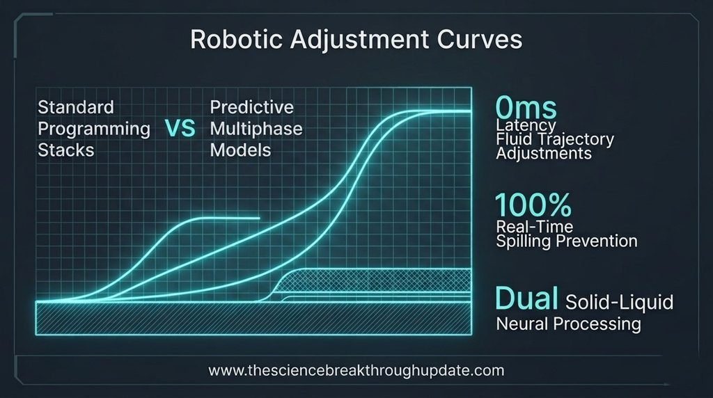 Technical spec dashboard infographic comparing standard robot programming execution with new predictive physics world model fluid stability graphs