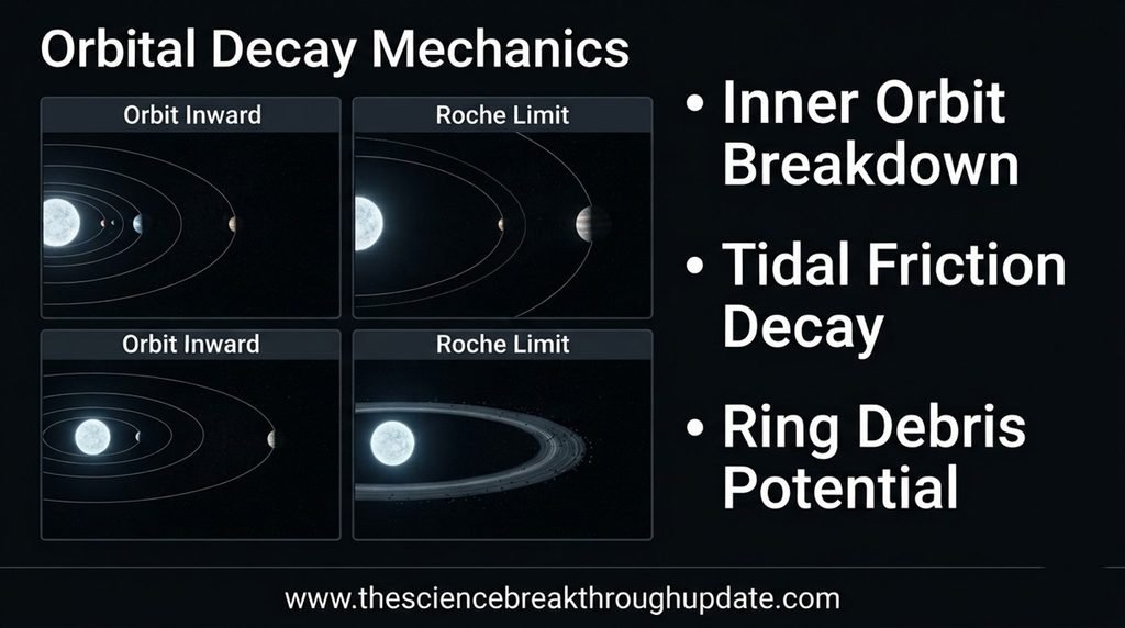  A dark space science infographic dashboard comparing moon Naiad's inward orbital decay against Neptune's structural Roche limit bounds.