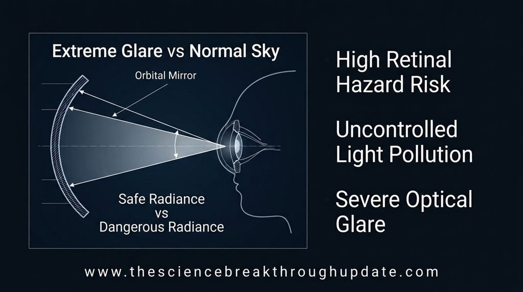Technical cross-section blueprint detailing safe radiance thresholds versus extreme space mirror optical glare