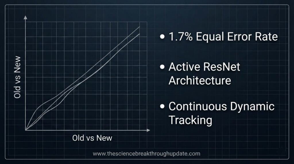 Technical blueprint infographic showing a comparison graph between traditional biometrics and the new 1.7 percent equal error rate heart signature framework.