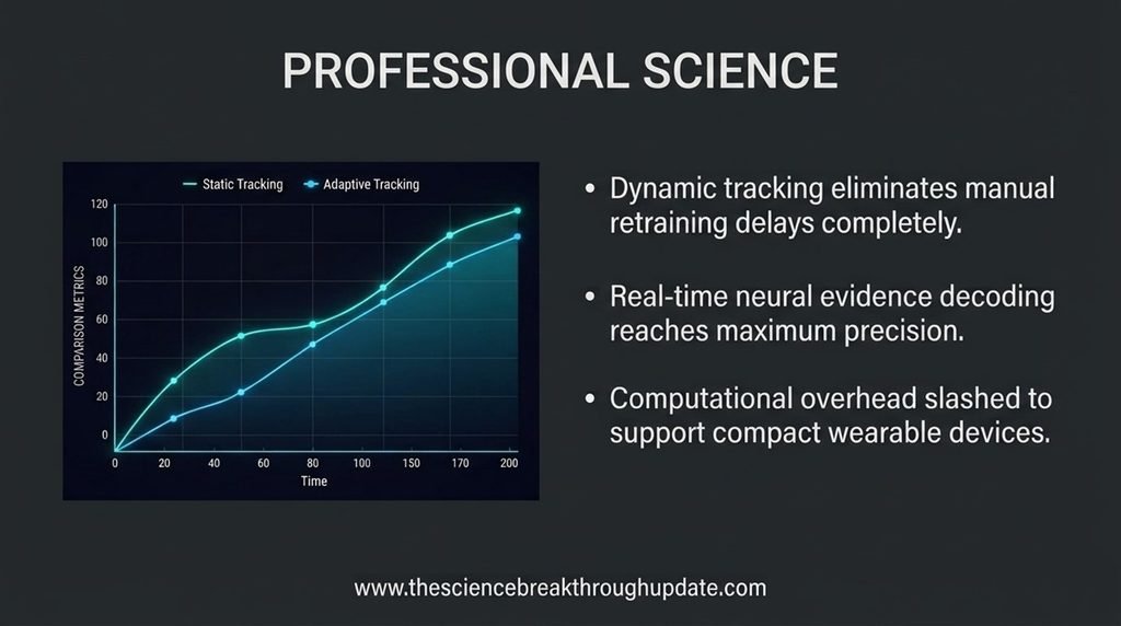  A data infographic dashboard with a neon tech theme comparing static and adaptive brain-computer tracking accuracy alongside three metric text callouts.