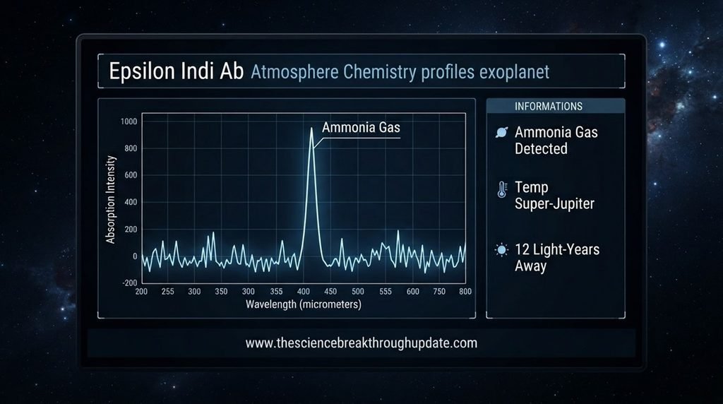 Detailed scientific data chart mapping ammonia gas signatures and chemical spikes in the atmosphere of exoplanet Epsilon Indi Ab
