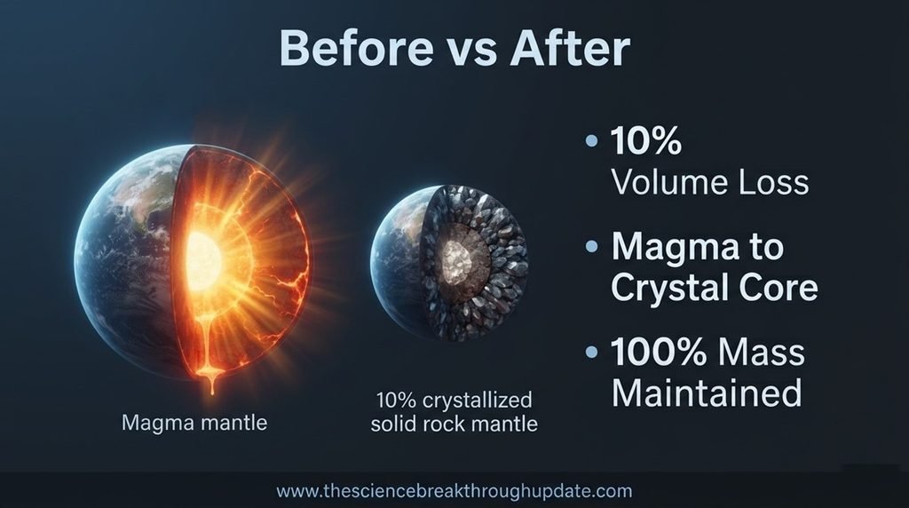Scientific planetary cross-section comparison infographic showing a super-Earth before and after a ten percent volume shrinkage caused by internal cooling.
