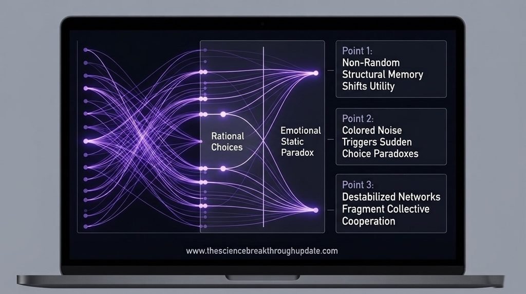 Technical dashboard line plot tracking how internal colored noise shifts rational decisions into a structural paradox.