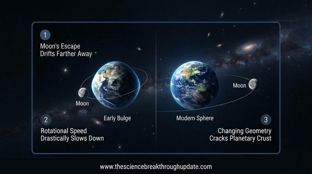 Scientific infographic template showing a geometric comparison between a distorted oval Earth and a perfect sphere caused by lunar recession.