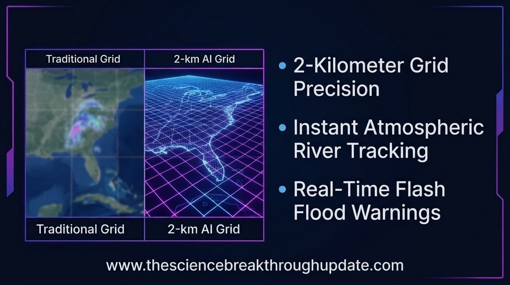 Science dashboard infographic comparing traditional low-resolution weather grids with the sharp 2-kilometer West-WRF AI grid model for flood forecasting.