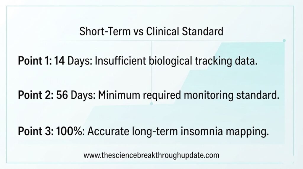 Medical specification table comparing short-term 14-day tracking with the new 56-day clinical sleep monitoring standard.