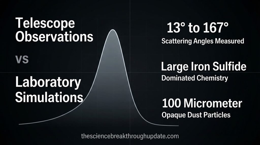 High-resolution space data infographic mapping the light scattering data curves and large iron sulfide chemistry of the HR 4796A debris disk.