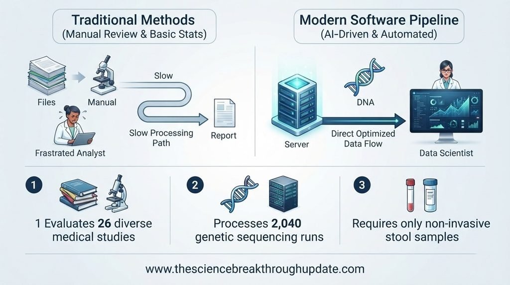 Technical blueprint infographic comparing traditional screening methods against the BreCol gut bacteria AI framework using data from twenty-six studies.