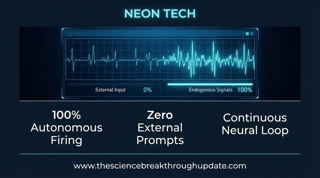 Tech dashboard infographic comparing zero external inputs to full autonomous signal dynamics inside a spiking neural network.