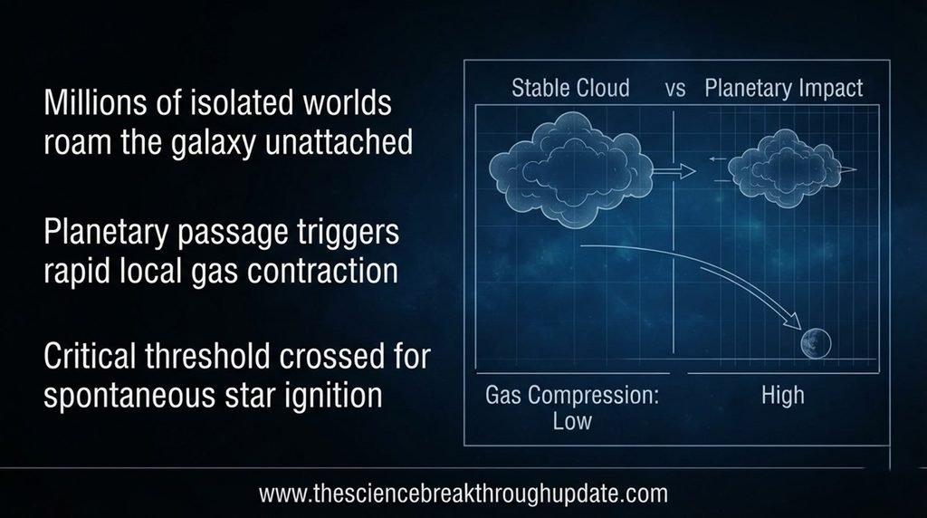 A data infographic mapping the gravitational collapse metrics and star formation triggers caused by free-floating rogue planets moving through interstellar gas fields.