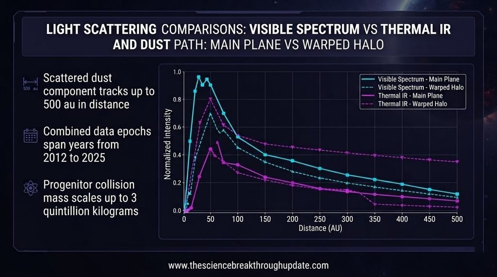 Technical space chart detailing optical light scattering data, astronomical distance units, and estimated progenitor mass models within the active star system.