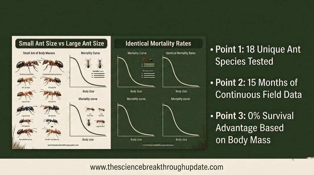  Side-by-side anatomical and statistical comparison infographic proving ant mortality synchrony is completely decoupled from individual body size across eighteen species over fifteen months
