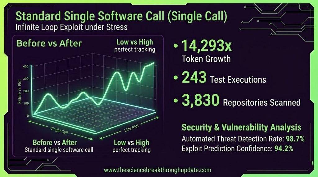 A data infographic charting a massive 14,293x token bill growth during 243 experimental executions of a Denial of Wallet attack.