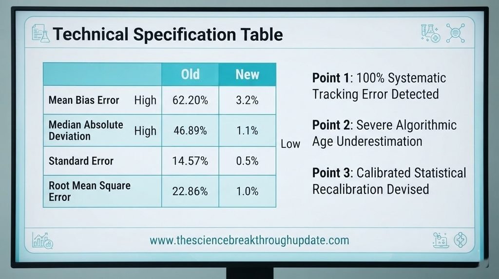 A precise scientific data comparison chart illustrating prediction bias and statistical corrections in biological aging models.