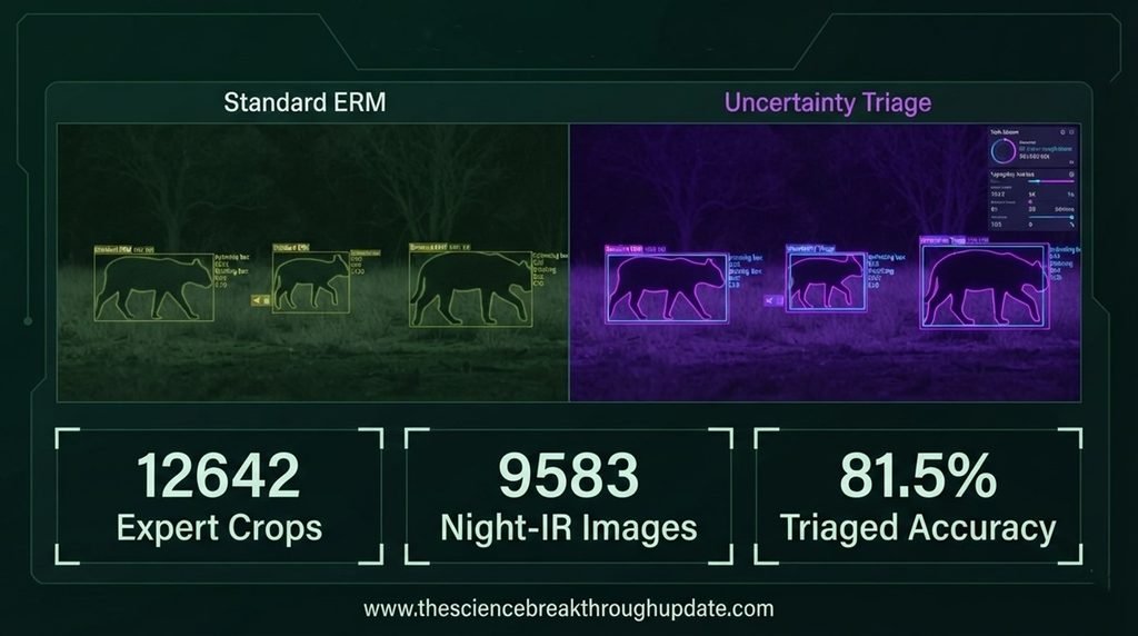 Detailed scientific infographic dashboard comparing standard neural network recognition flaws against the uncertainty-aware selective prediction triage framework using the SatoyamaCT dataset metrics.