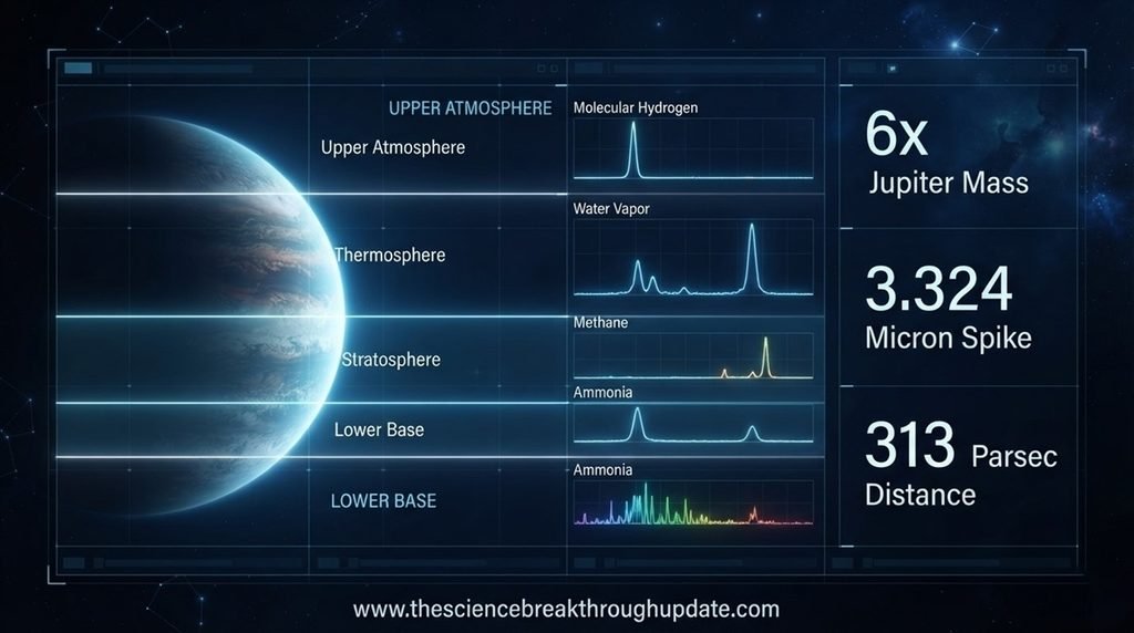 Detailed scientific infographic showing the atmospheric chemical composition and methane emission levels of the cold failed star brown dwarf LRL 11001.