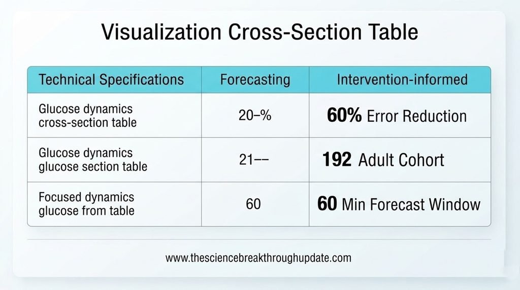 • Medical specification table comparing blood glucose prediction errors across a sixty minute forecasting horizon.
