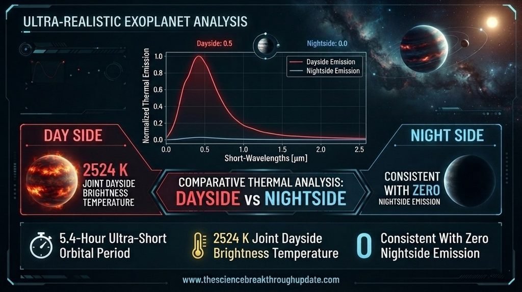 Technical science infographic chart tracking the dayside brightness temperature, short-wavelength emission, and orbital period metrics of exoplanet TOI-2431 b.