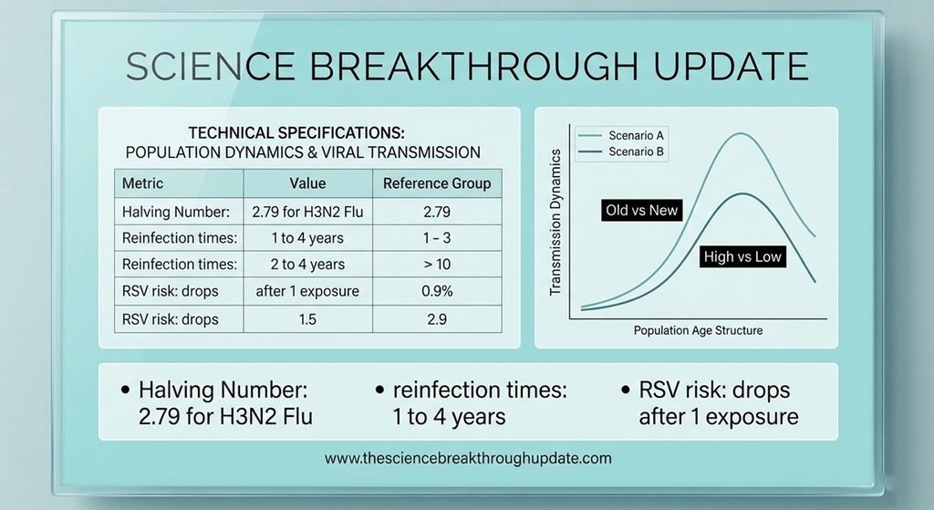 Technical specification table and mathematical line plot infographic tracking reinfection rates for RSV and influenza