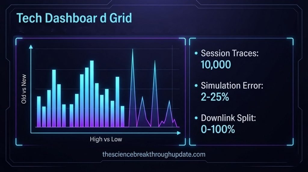 Statistical dashboard bar graph showing 10,000 session traces and a 2-25% simulation error rate comparing predictable streaming against generative AI spikes