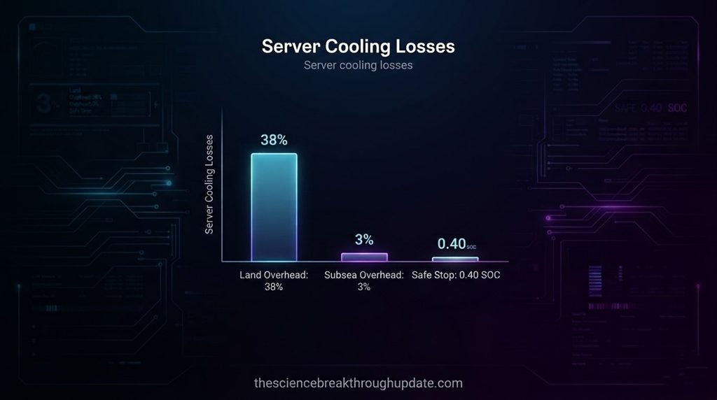 Detailed bar chart infographic comparing terrestrial data center cooling overheads at thirty-eight percent to subsea cooling overheads at three percent.