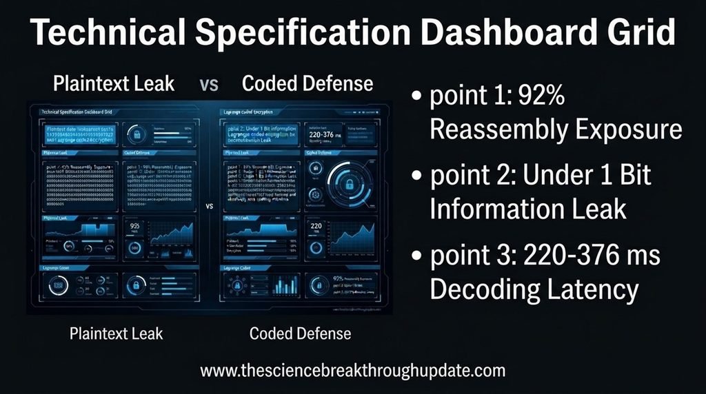 Technical comparison dashboard layout showing a 92% plaintext risk metric alongside a 1 bit leak threshold and a 220 to 376 ms execution speed profile.