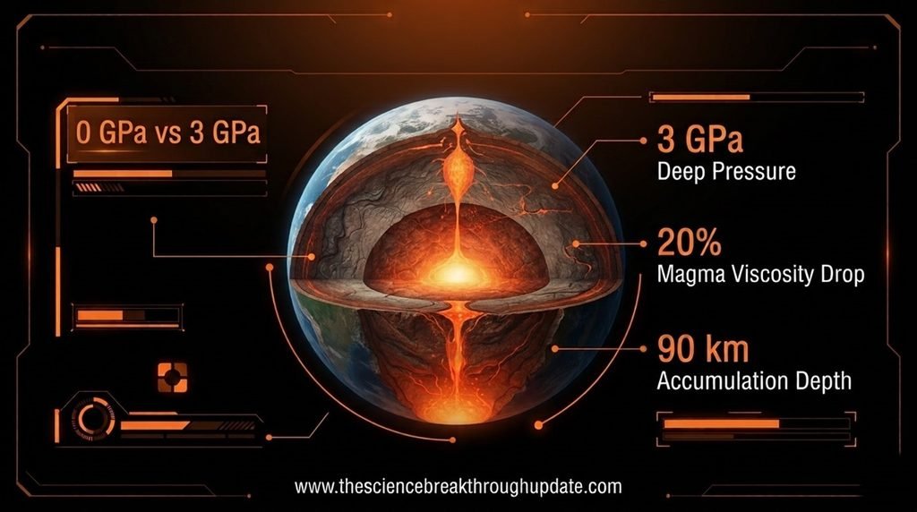 •  Detailed cross section infographic chart showing the 20 percent viscosity drop of underground magma under 3 GPa of mantle pressure

